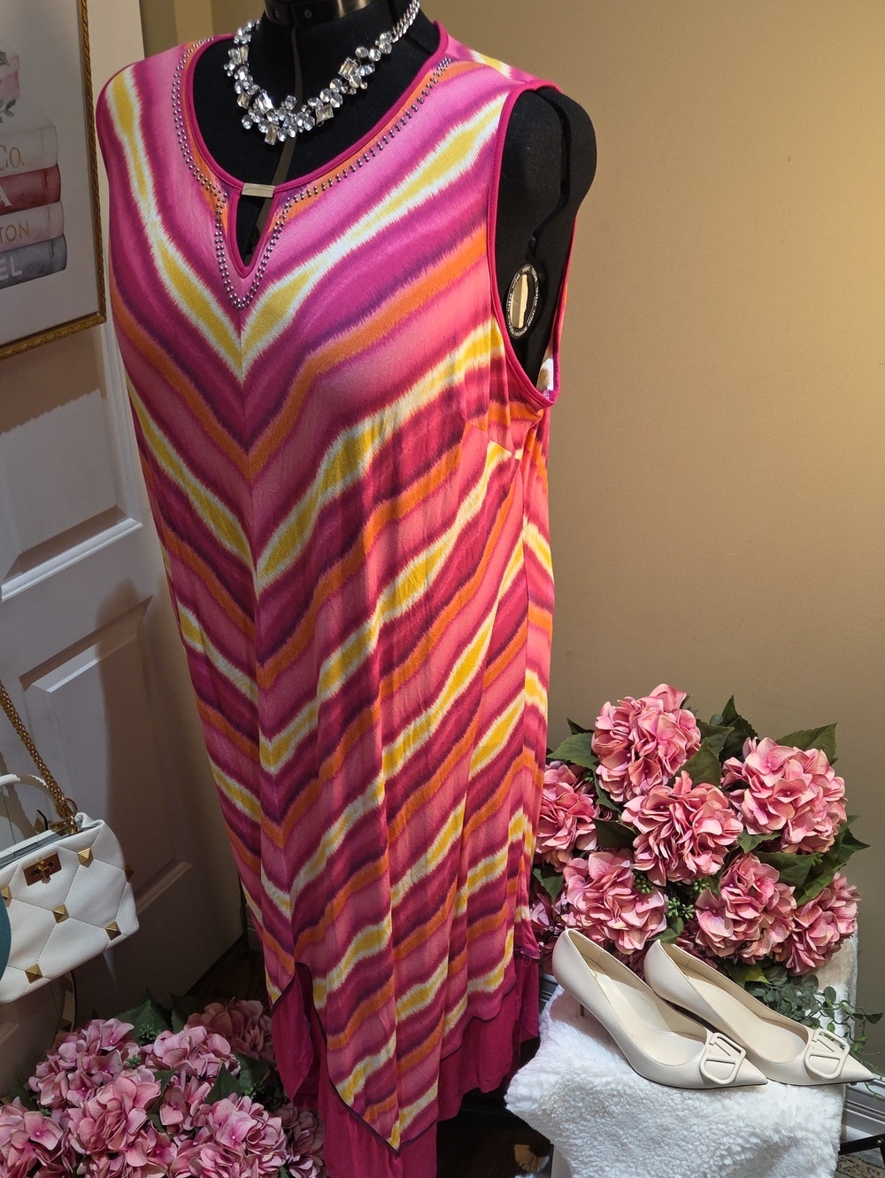 Nwt 4X Catherines Pink Chevron Sleeveless Maxi Dress with Keyhole No Pockets - Picture 15 of 16